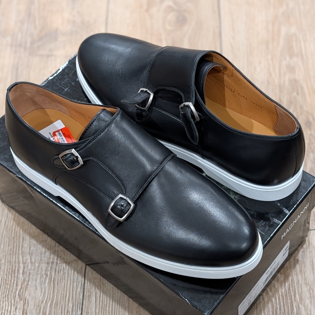 $398 Mens Magnanni "Lobo" Leather Double Monk Strap Dress Shoes Black/White 11.5
